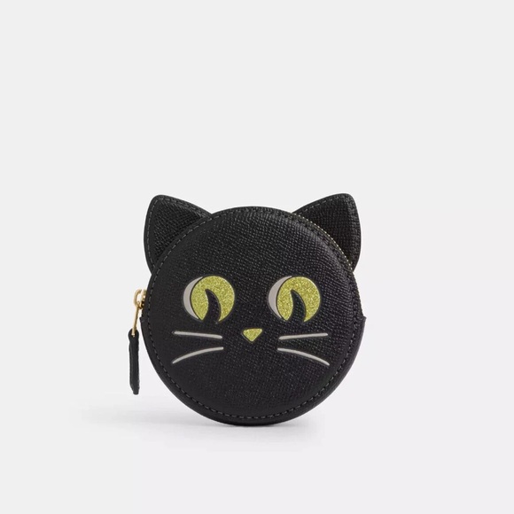 New With Tags Coach Black Cat with Green Eyes Coin Case Leather Halloween Fall - Picture 1 of 5